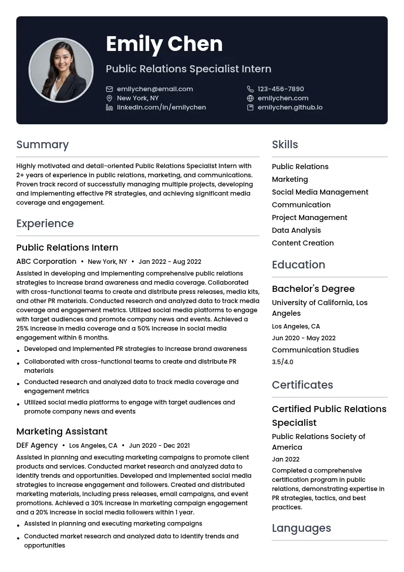 Public Relations Specialist Intern resume example