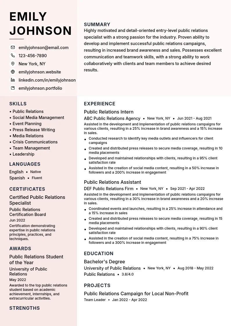 Entry-Level Public Relations Specialist resume example
