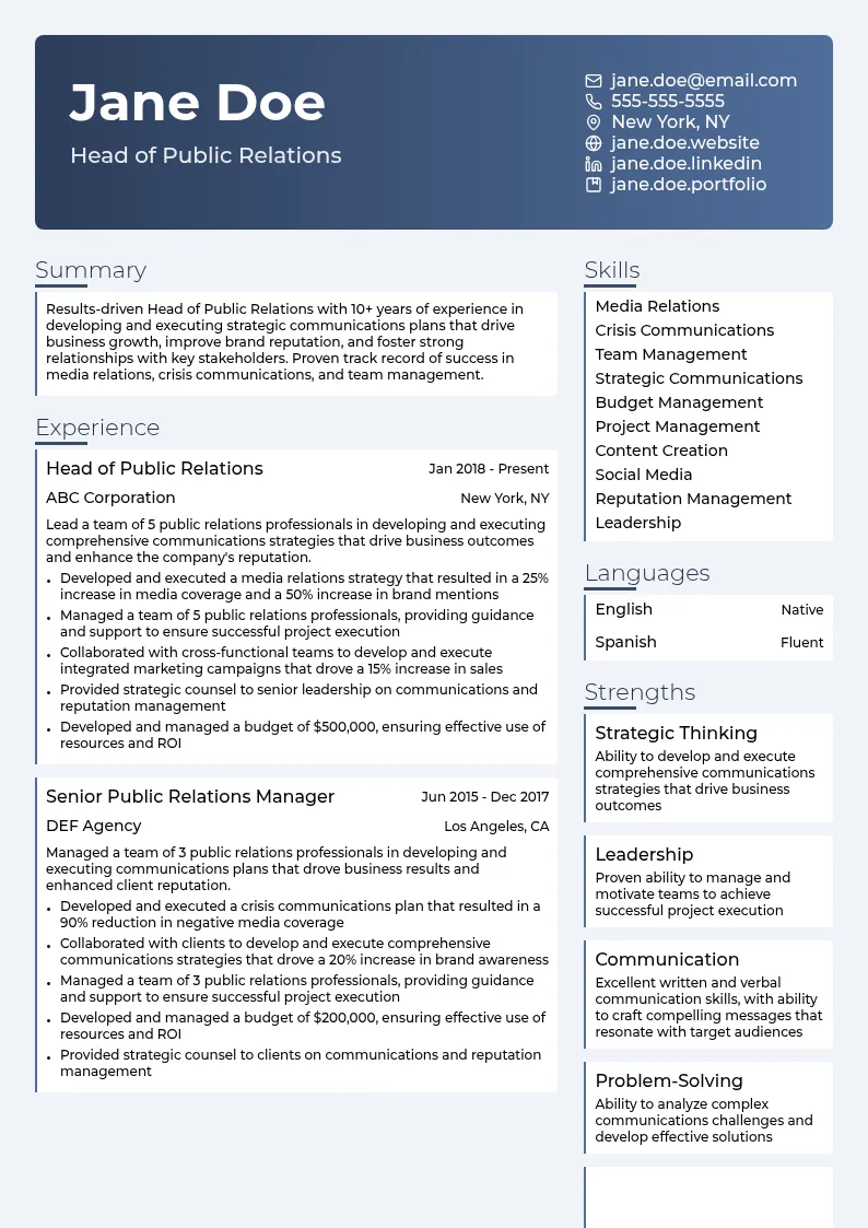 Head of Public Relations resume example