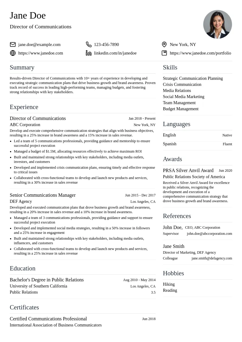 Director of Communications resume example