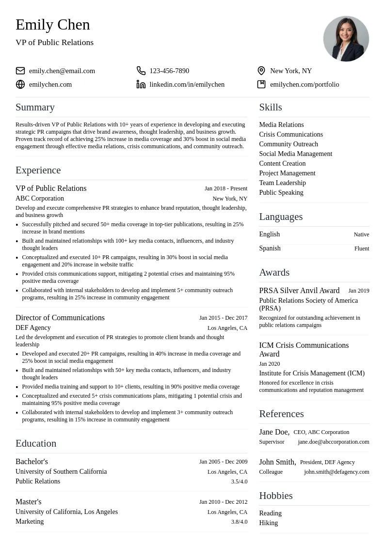 VP of Public Relations resume example