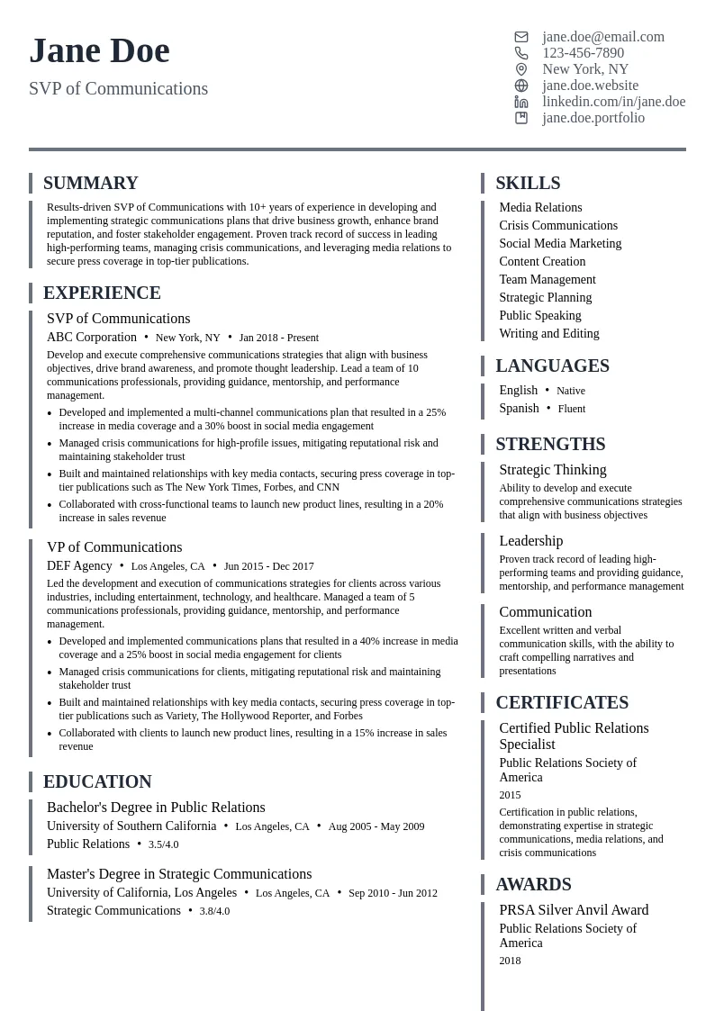 SVP of Communications resume example