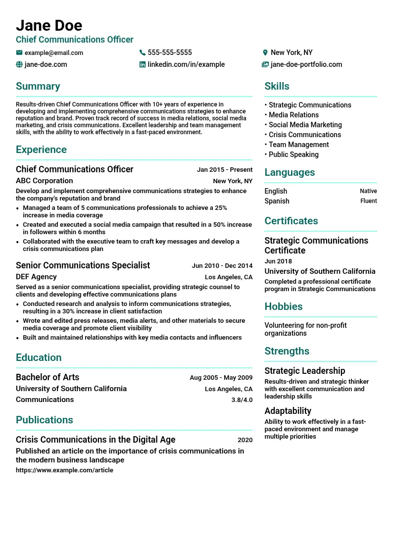 Chief Communications Officer resume example