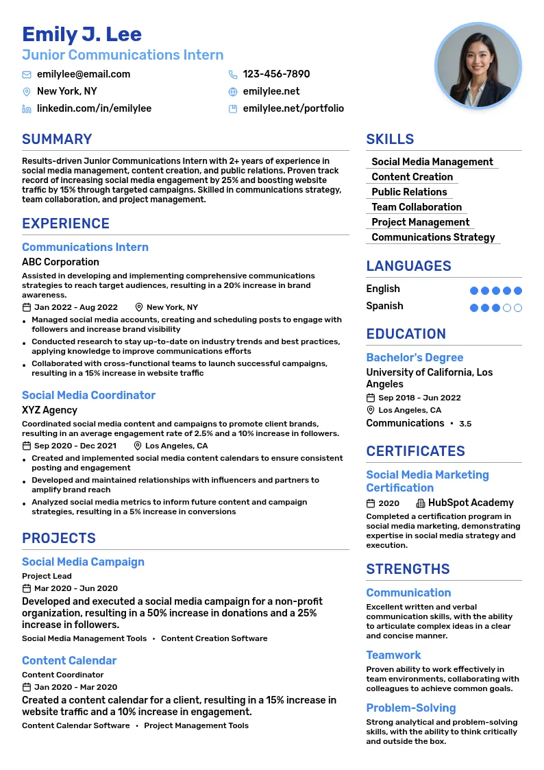 Junior Communications Intern resume example