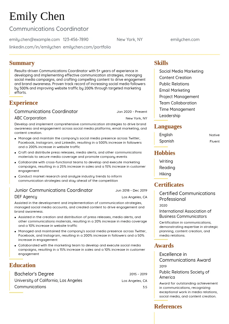 Communications Coordinator resume example