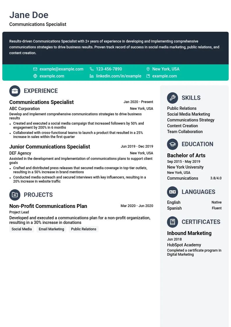 Communications Specialist resume example