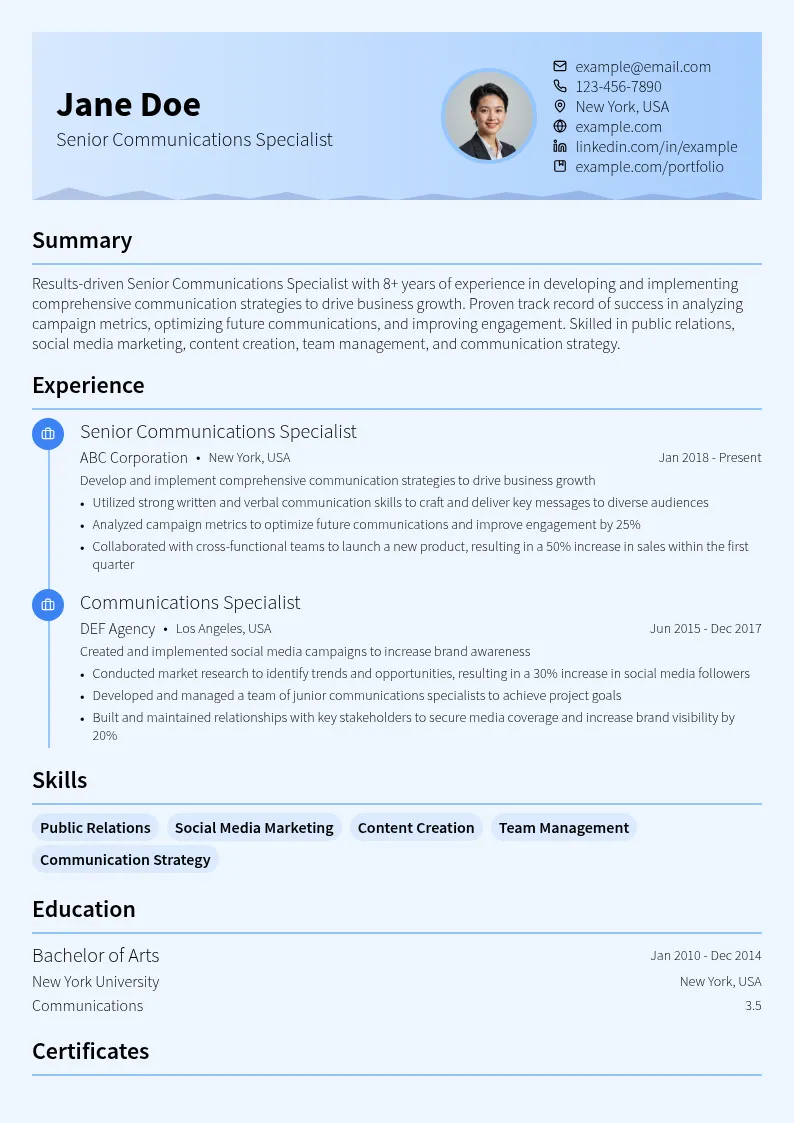 Senior Communications Specialist resume example