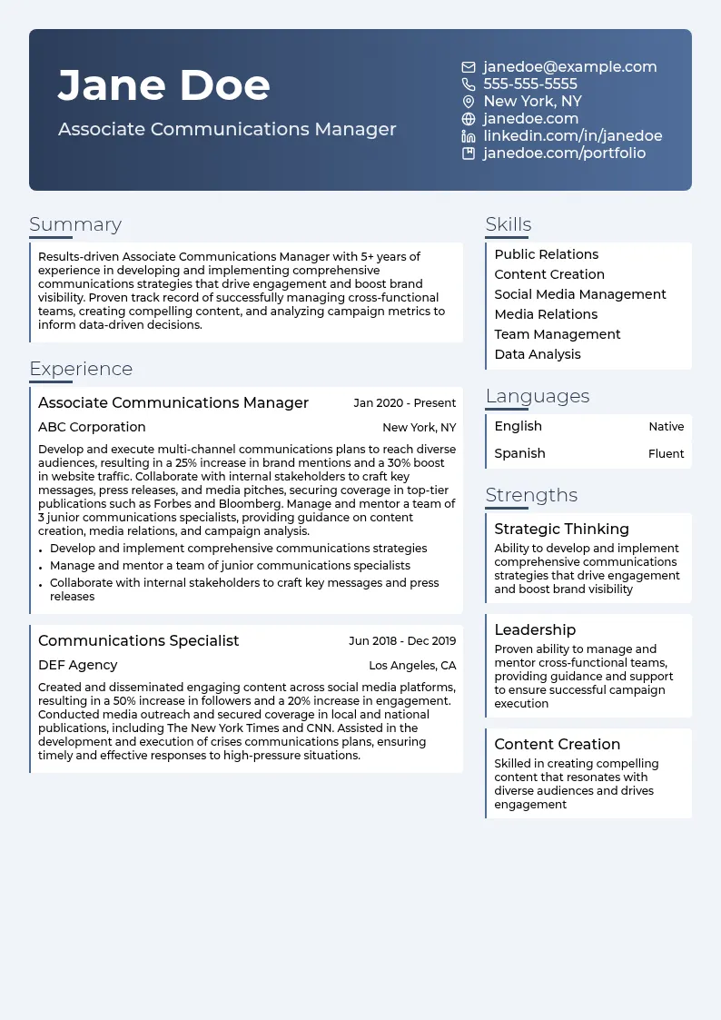 Associate Communications Manager resume example