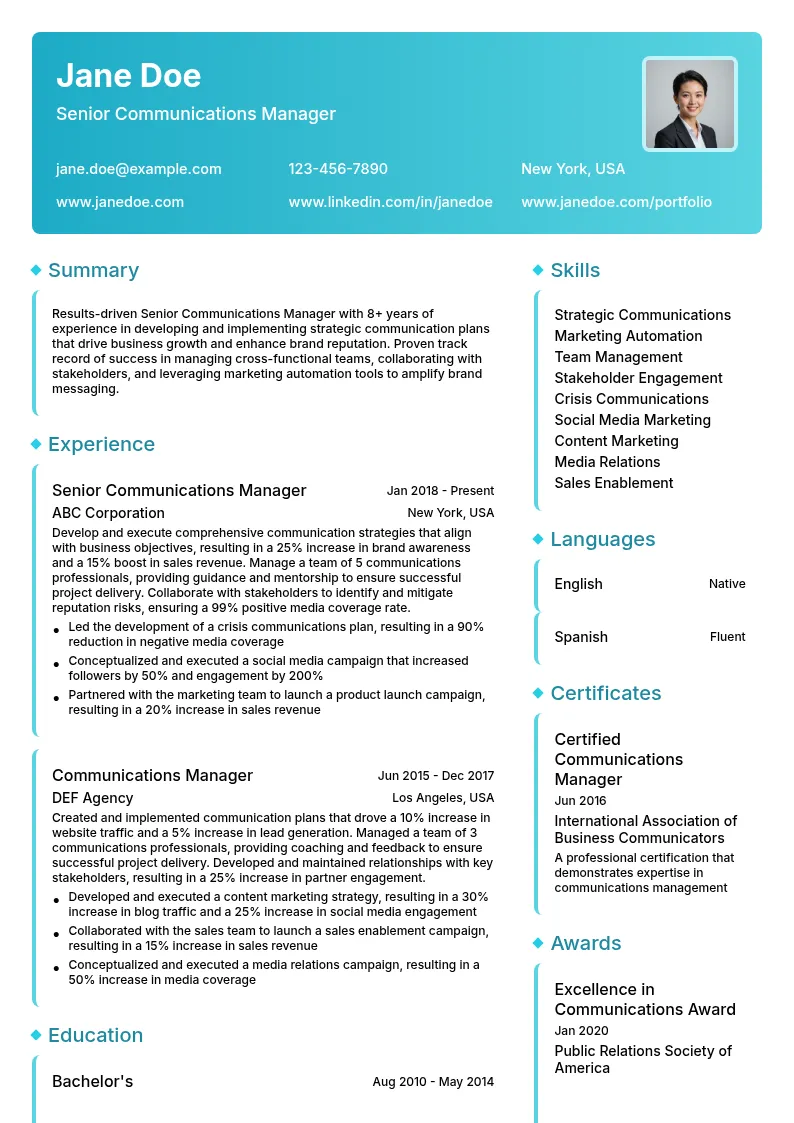Senior Communications Manager resume example