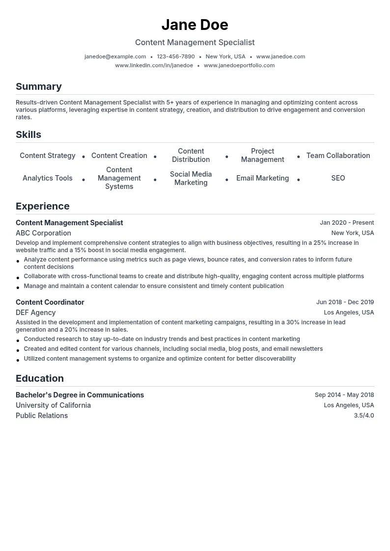Content Management Specialist resume example