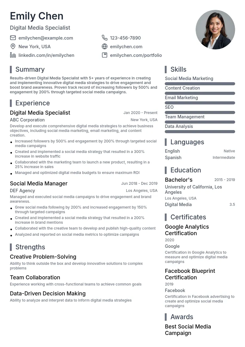 Digital Media Specialist resume example