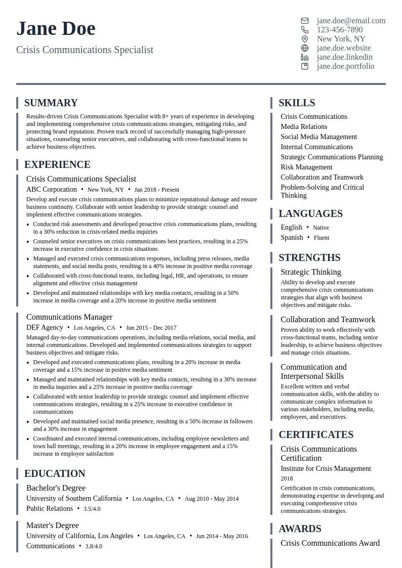Crisis Communications Specialist resume example
