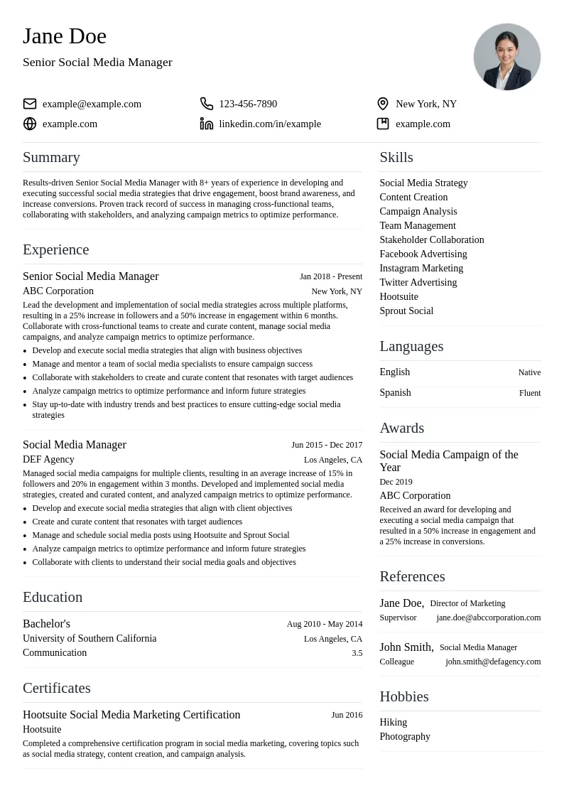Senior Social Media Manager resume example