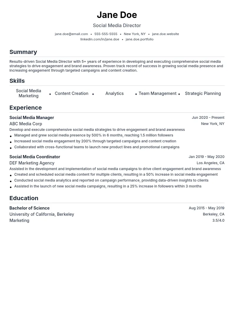 Social Media Director resume example