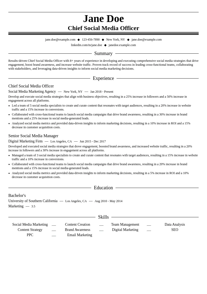Chief Social Media Officer resume example
