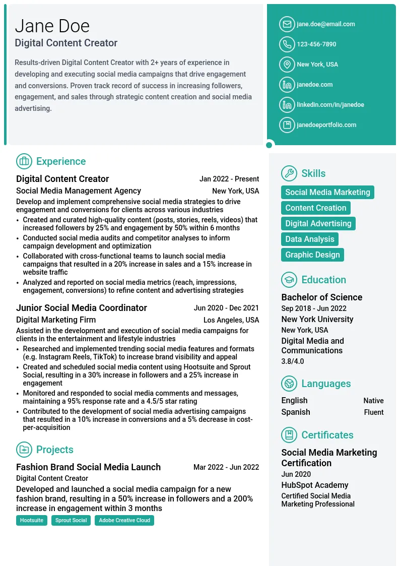 Digital Content Creator resume example