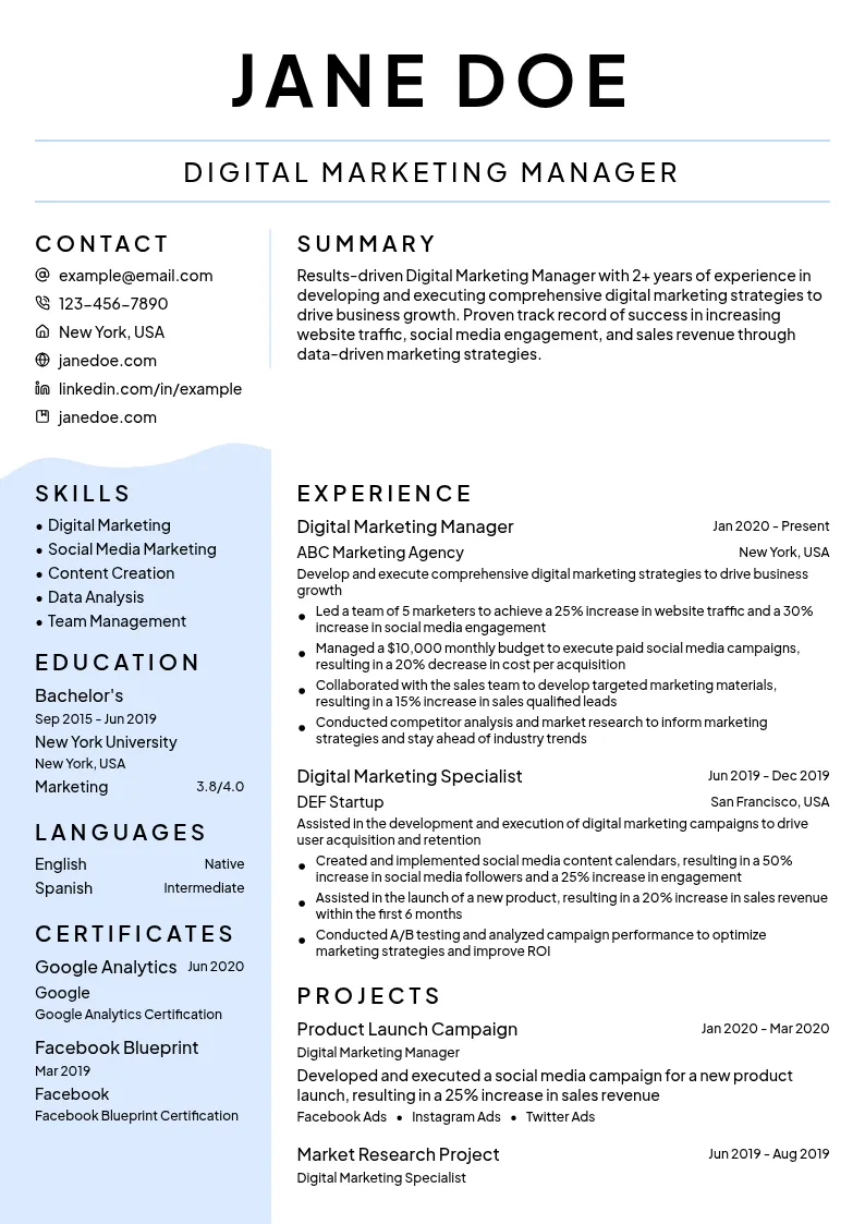 Digital Marketing Manager resume example