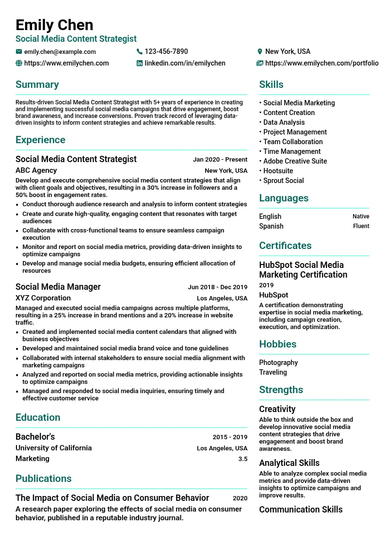 Social Media Content Strategist resume example