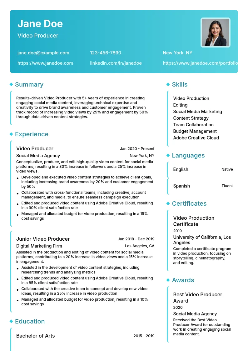 Video Producer (Social Media) resume example