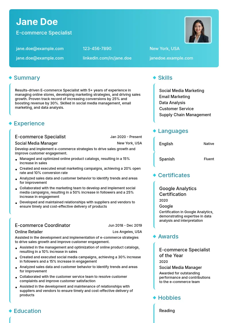 E-commerce Specialist resume example