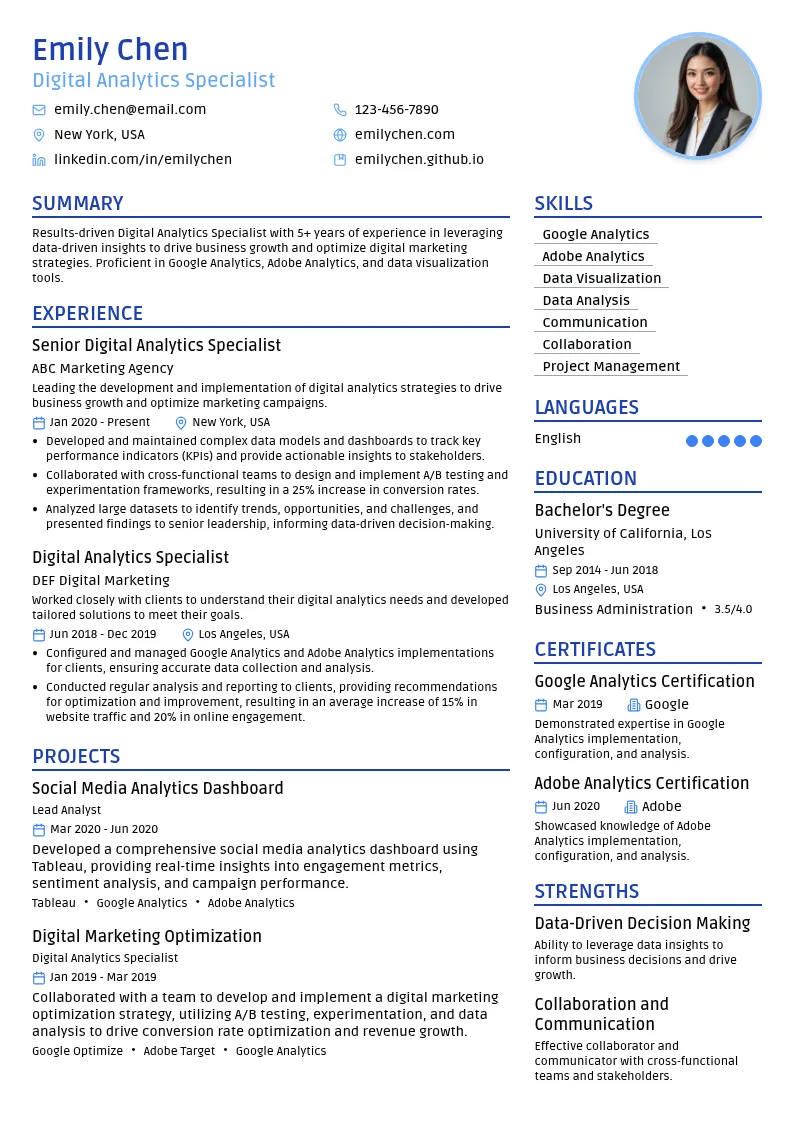 Digital Analytics Specialist resume example