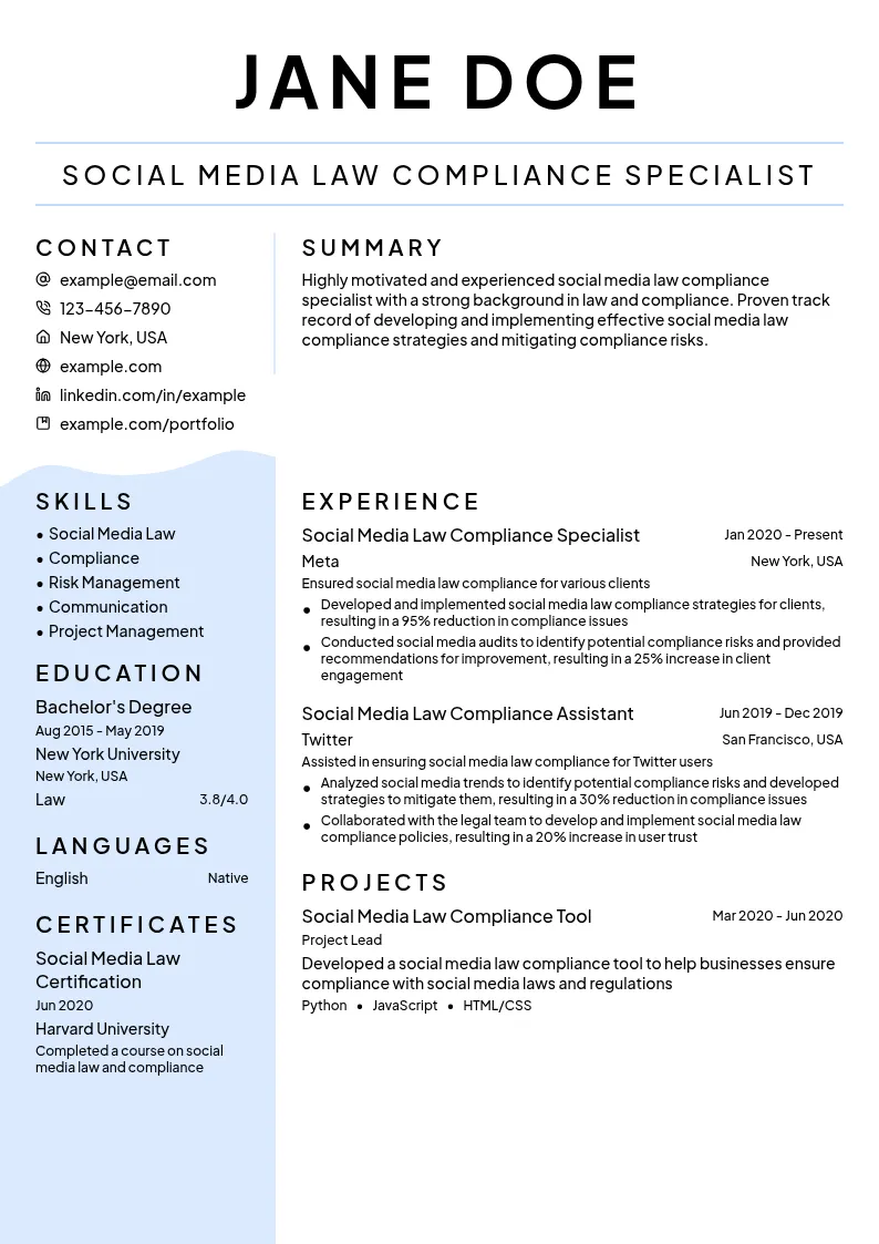 Social Media Law Compliance Specialist resume example