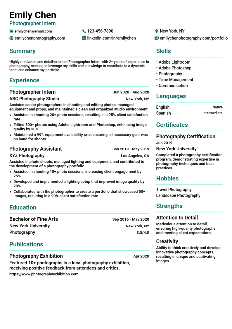 Photographer Intern resume example