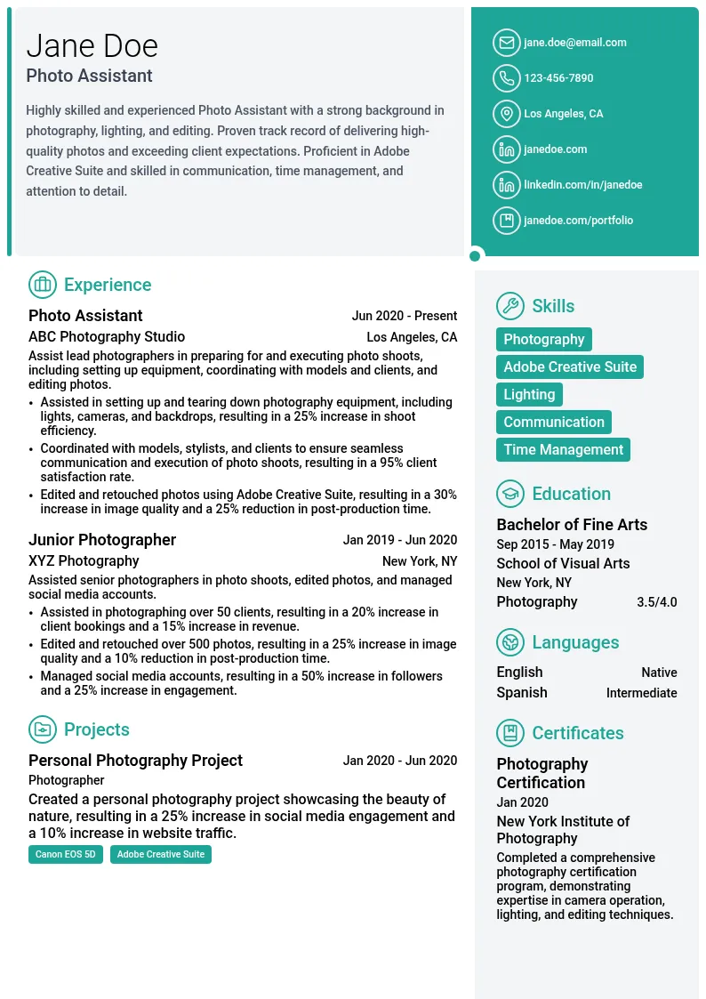 Photo Assistant resume example