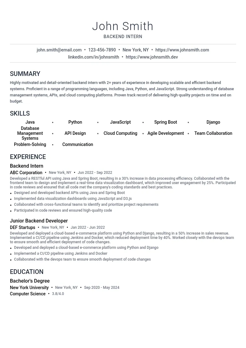 Backend Intern resume example