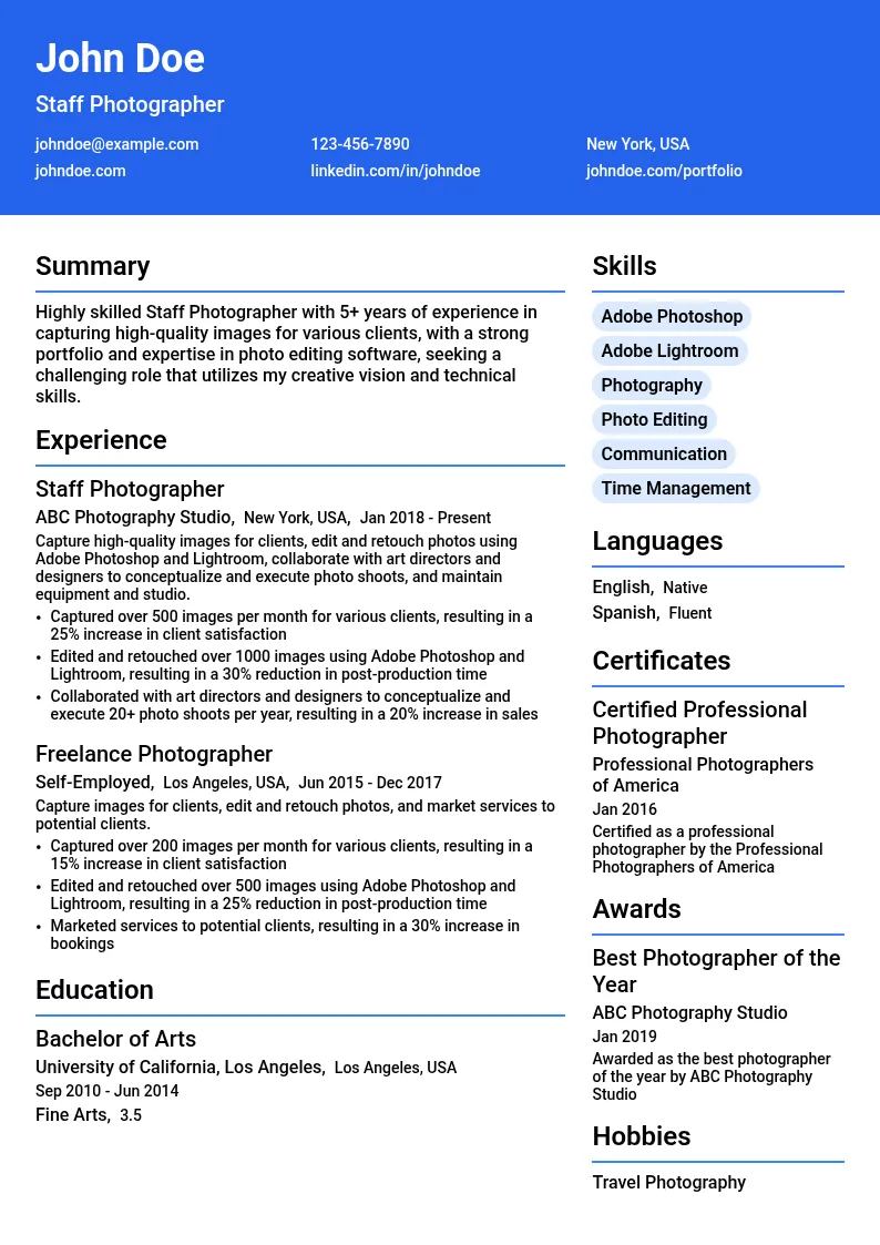 Staff Photographer resume example