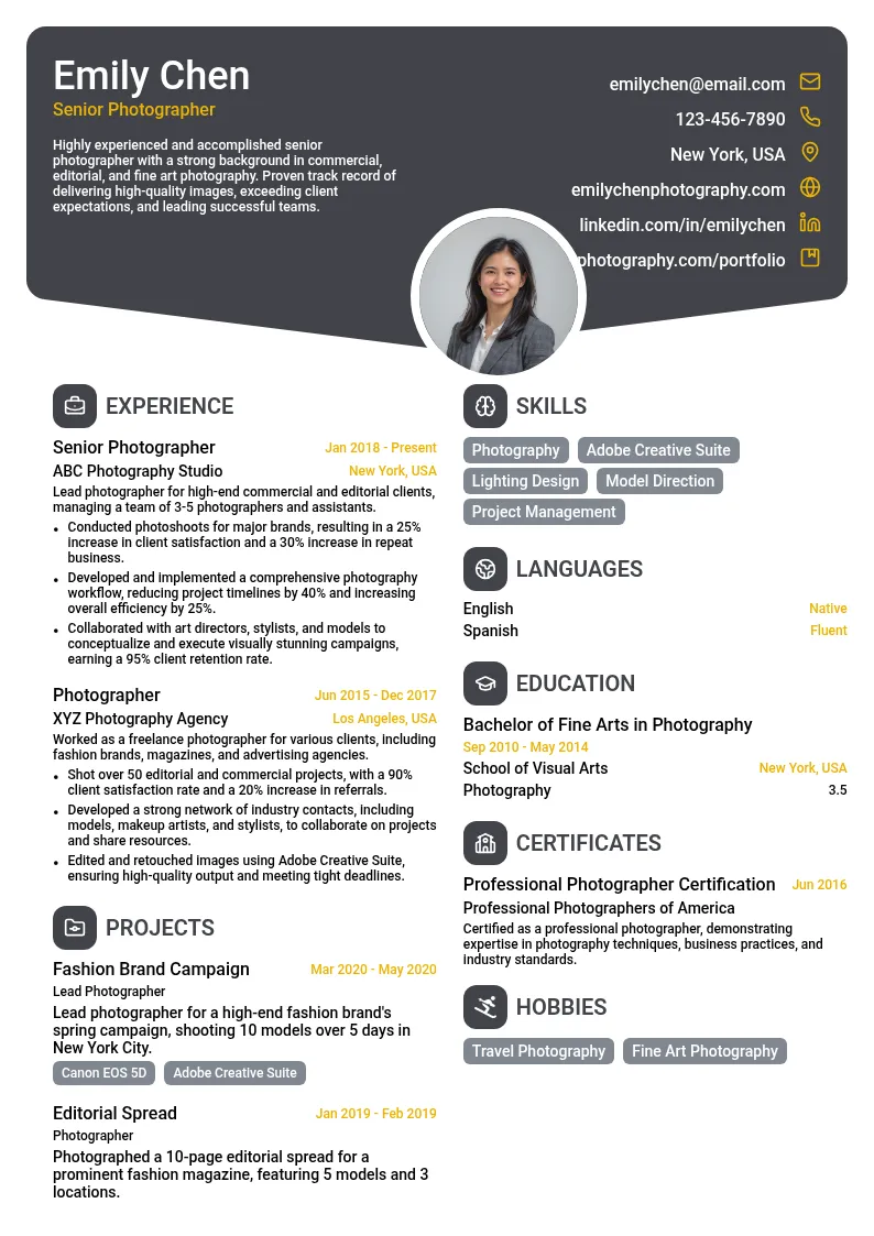 Senior Photographer resume example