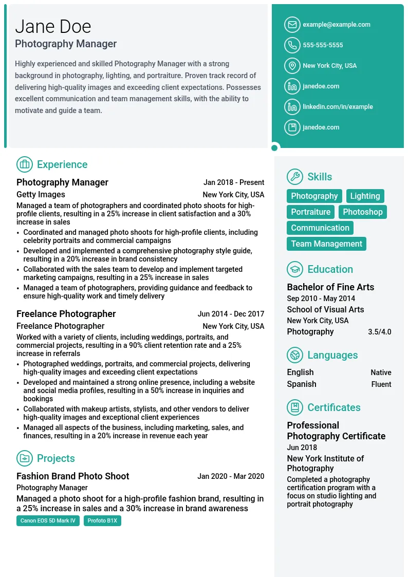 Photography Manager resume example