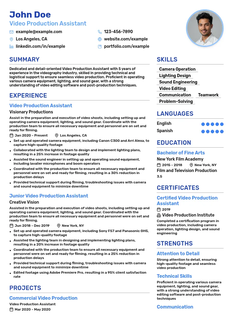 Video Production Assistant resume example