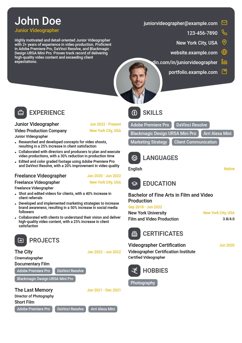 Junior Videographer resume example