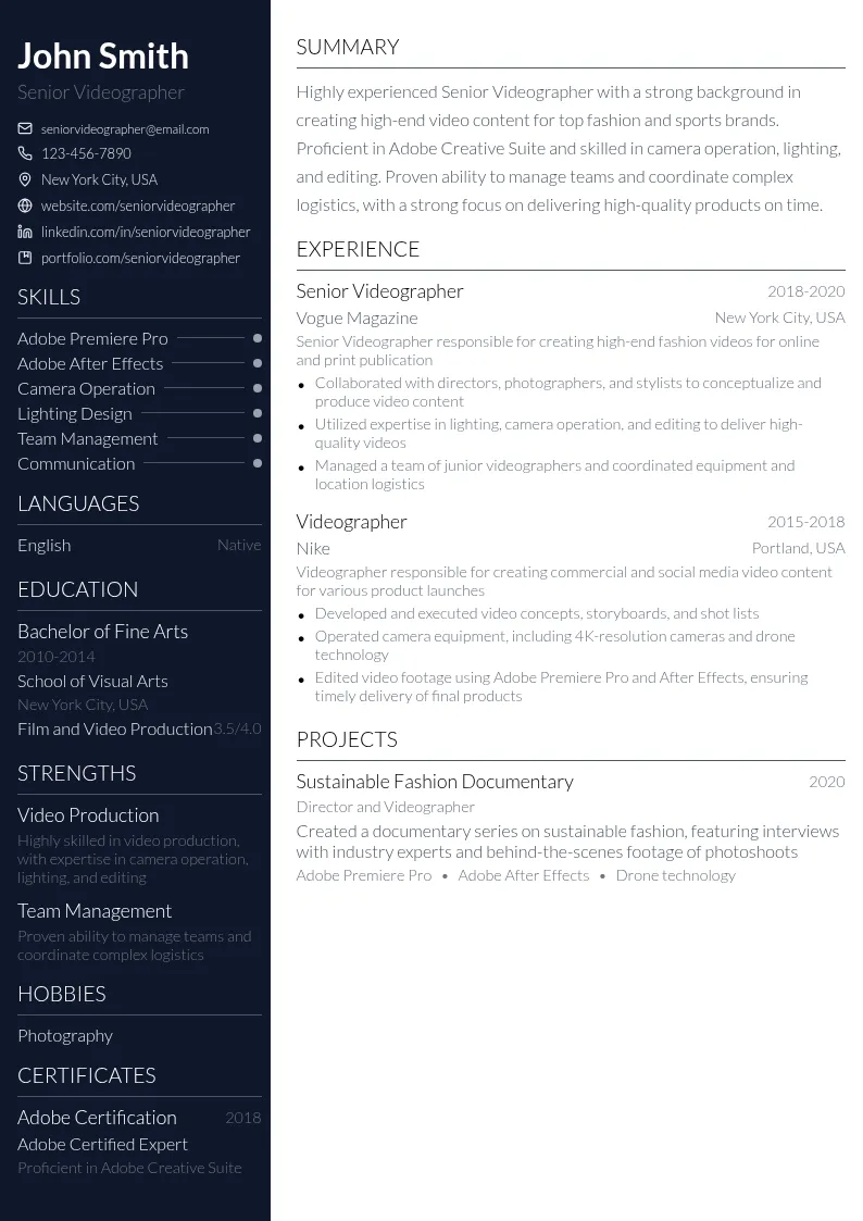 Senior Videographer resume example