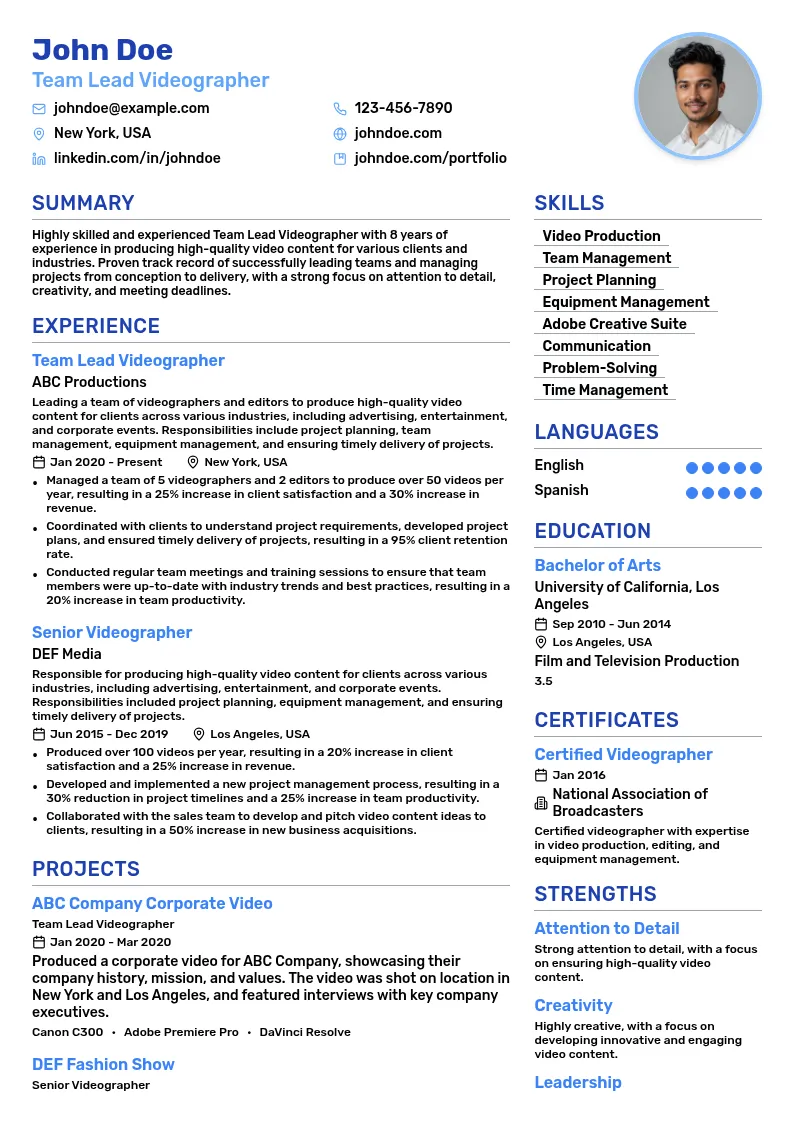 Team Lead Videographer resume example