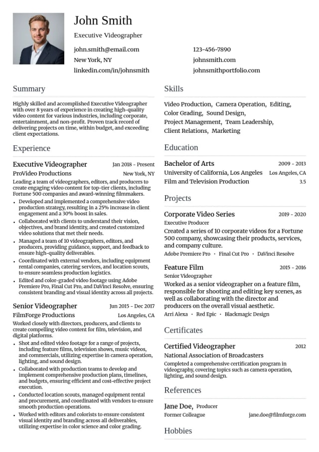 Executive Videographer resume example