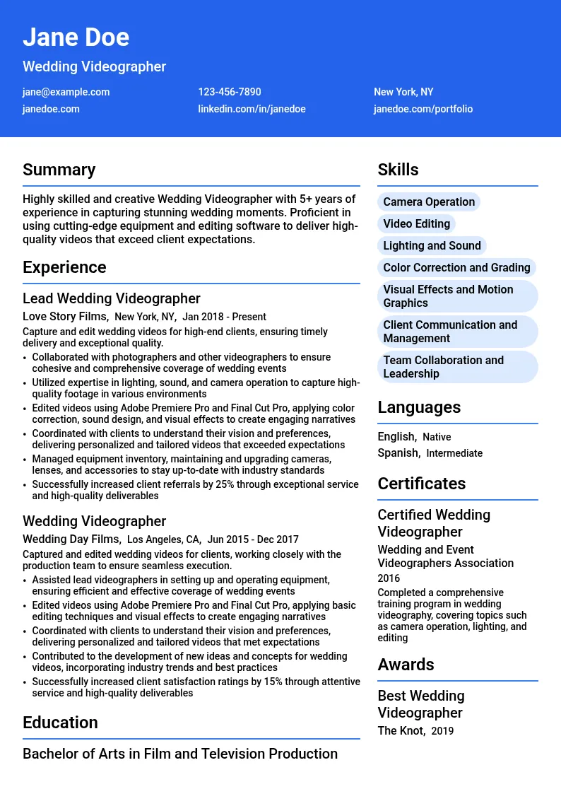 Wedding Videographer resume example