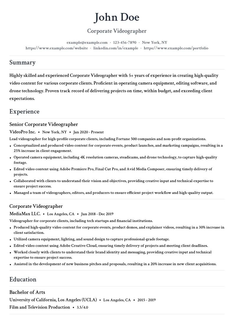 Corporate Videographer resume example