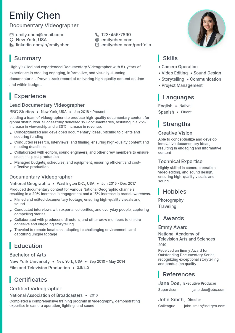 Documentary Videographer resume example