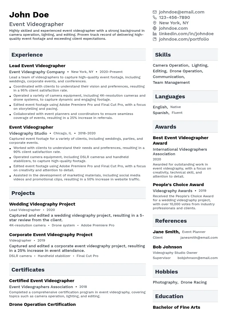 Event Videographer resume example