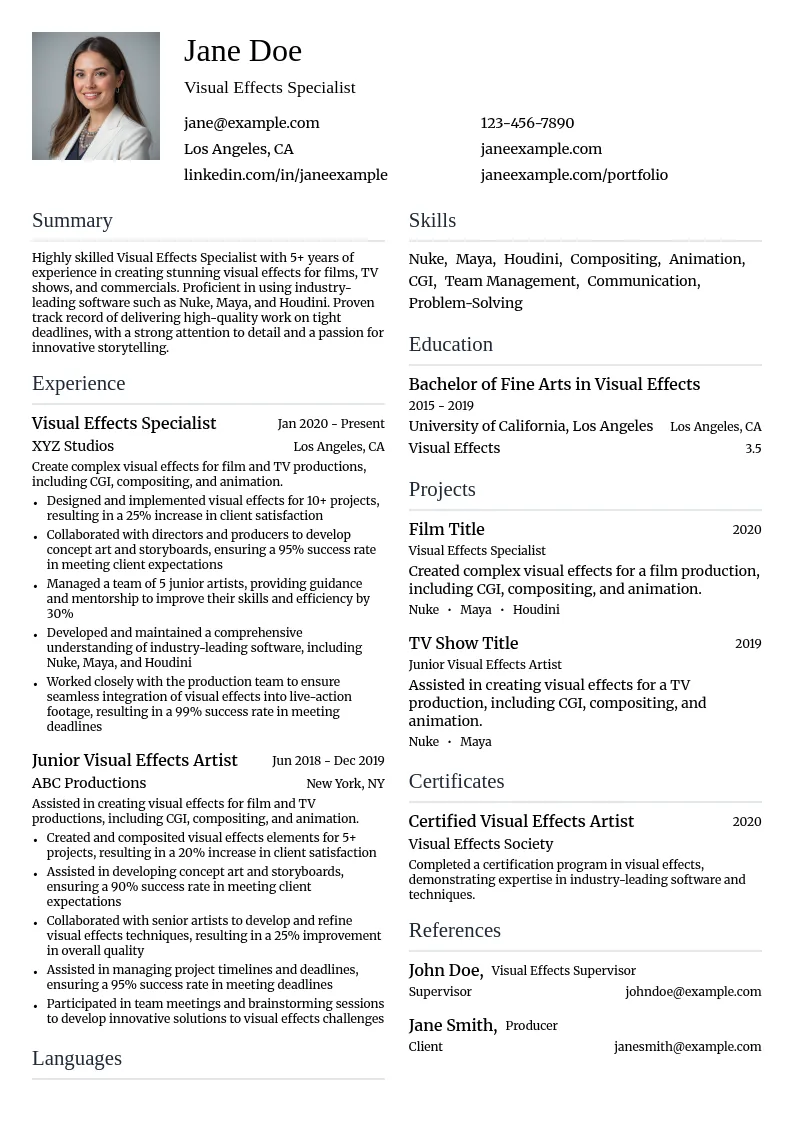 Visual Effects Specialist resume example
