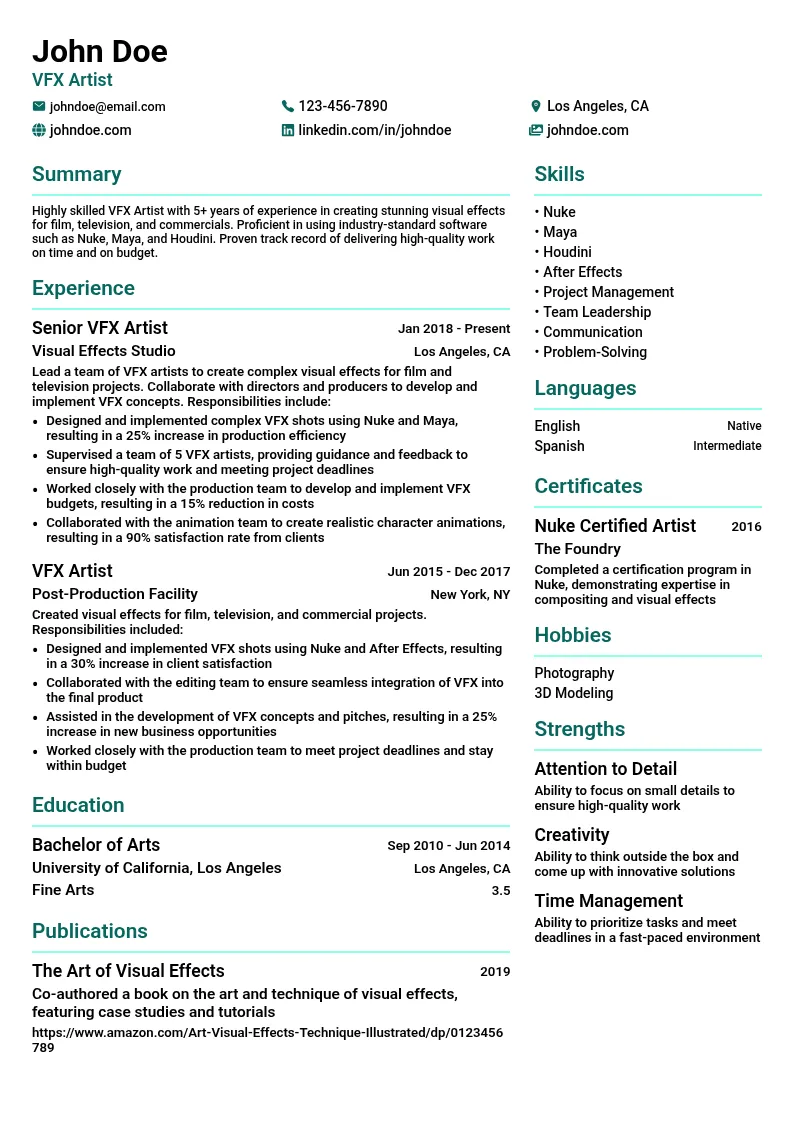 VFX Artist resume example