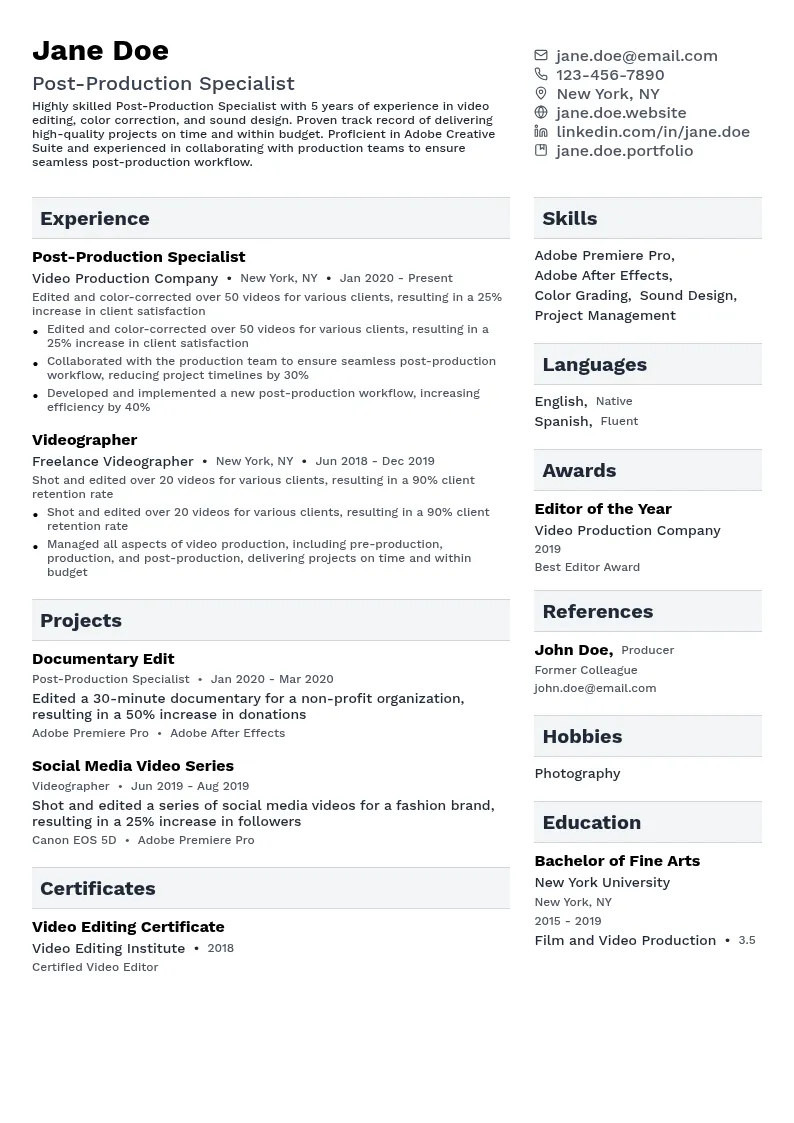 Post-Production Specialist resume example