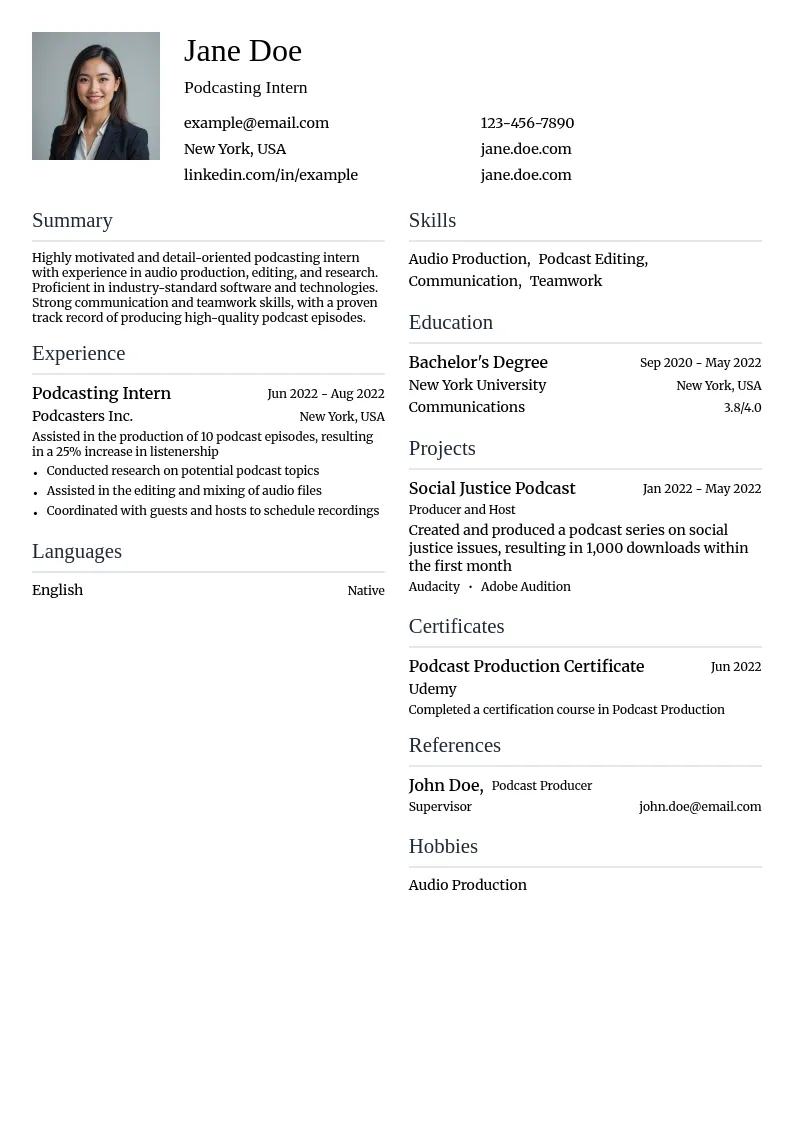 Podcasting Intern resume example
