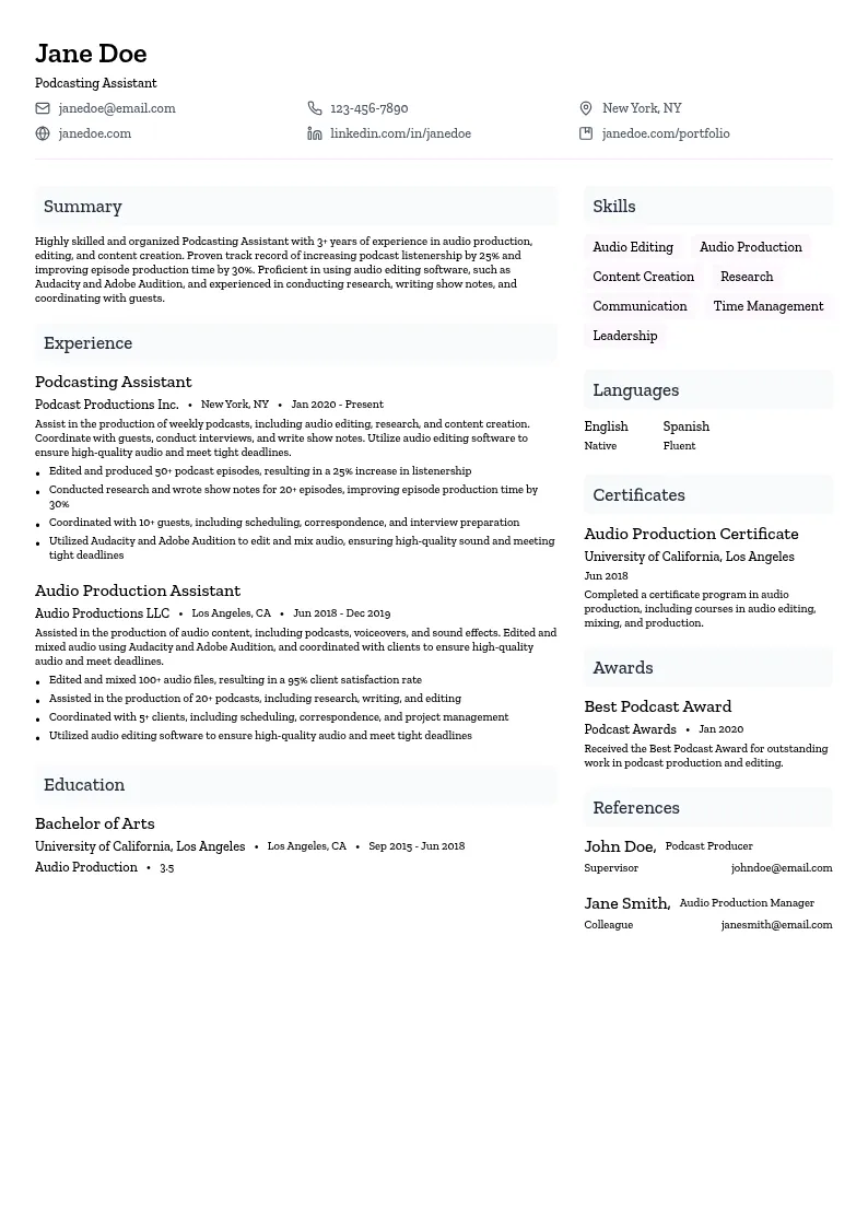 Podcasting Assistant resume example