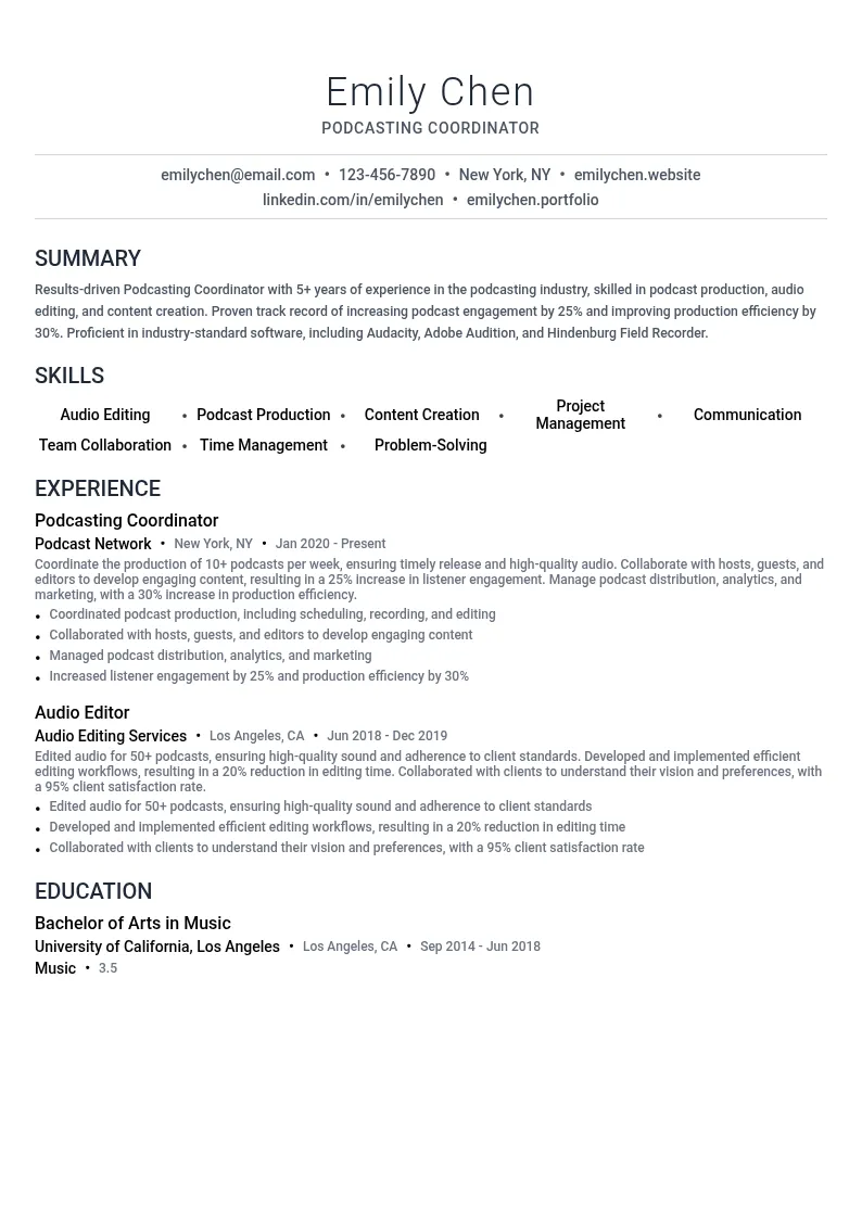 Podcasting Coordinator resume example