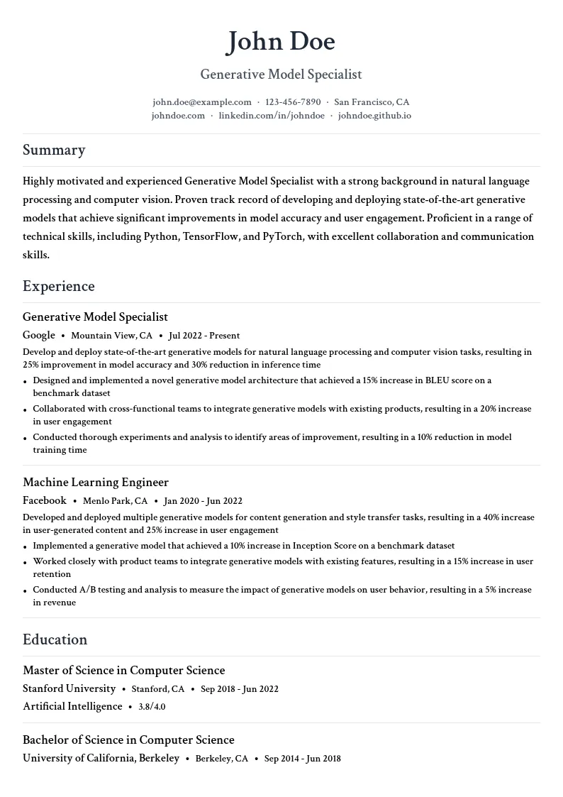 Generative Model Specialist resume example