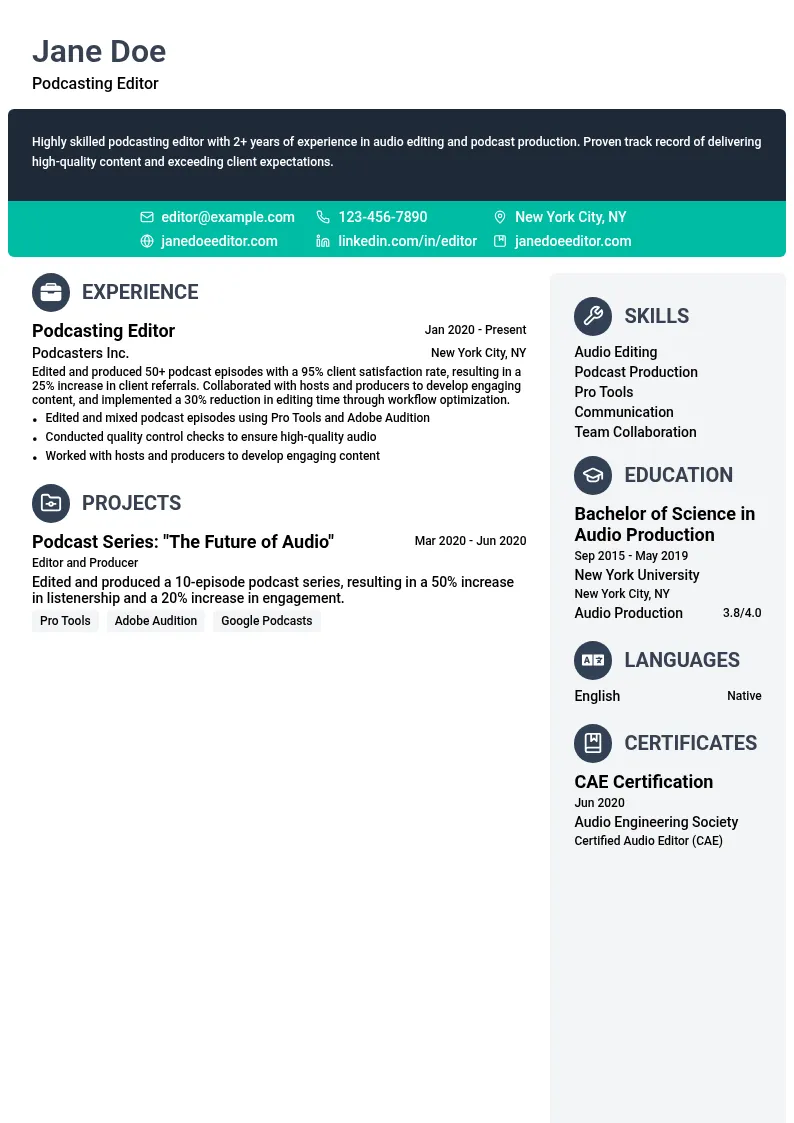 Podcasting Editor resume example
