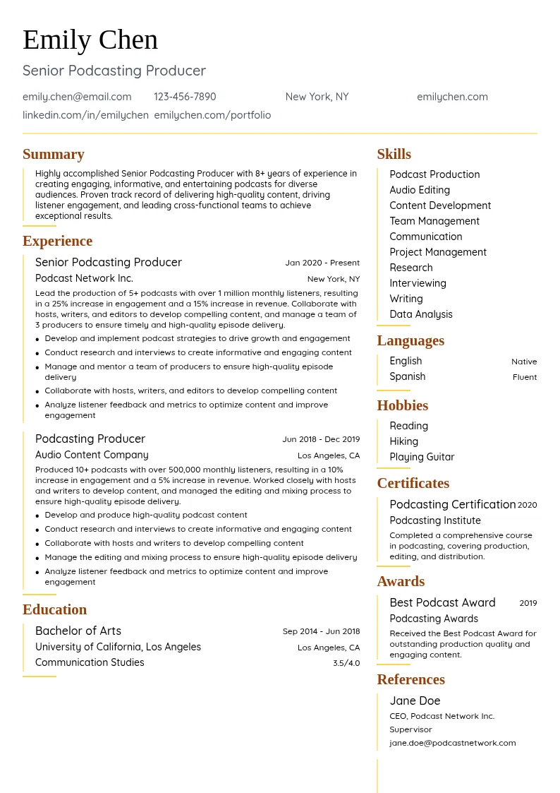 Senior Podcasting Producer resume example